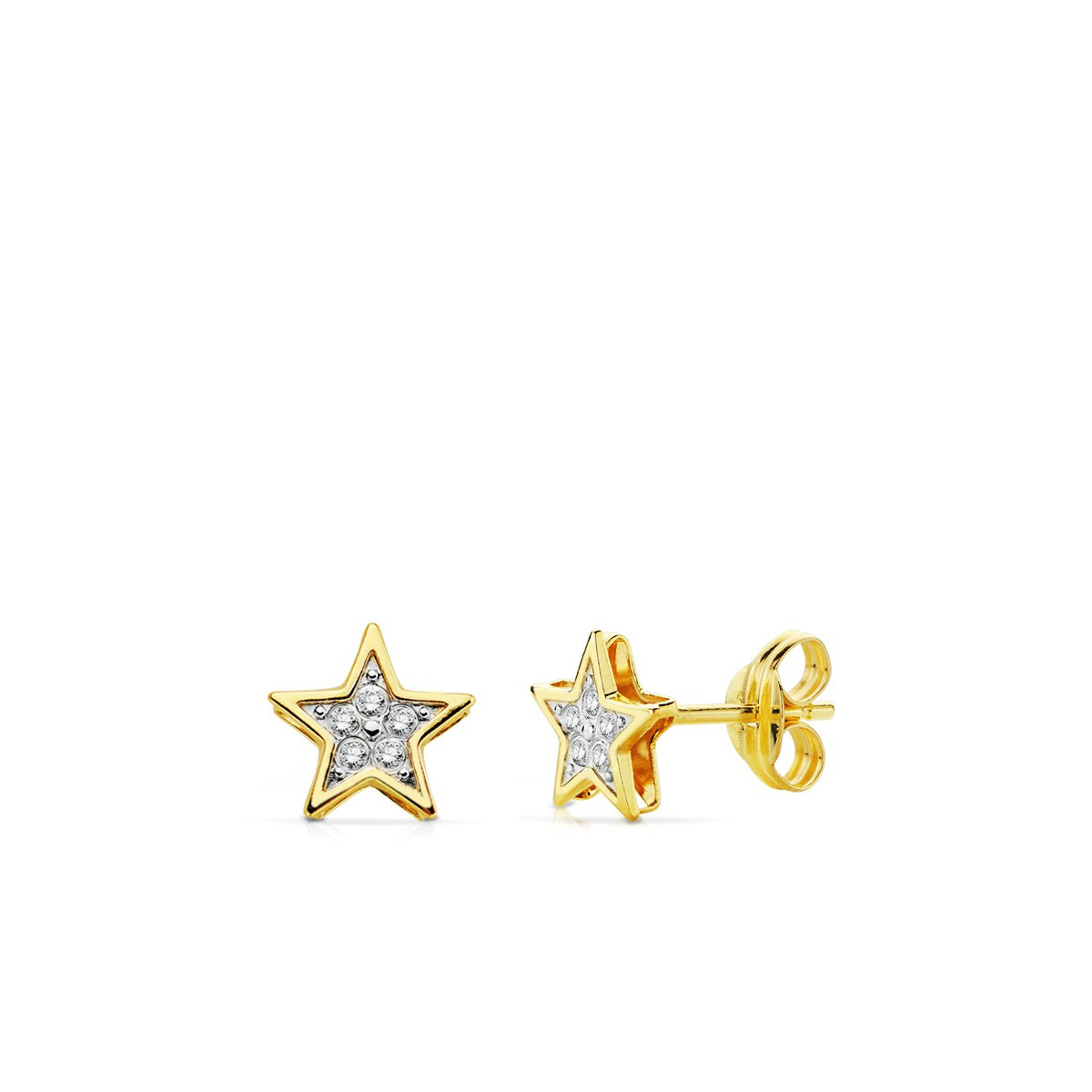 18738  PENDIENTES ORO DE LEY 18 KILATES BICOLOR ESTRELLA 6.5 X 6.5